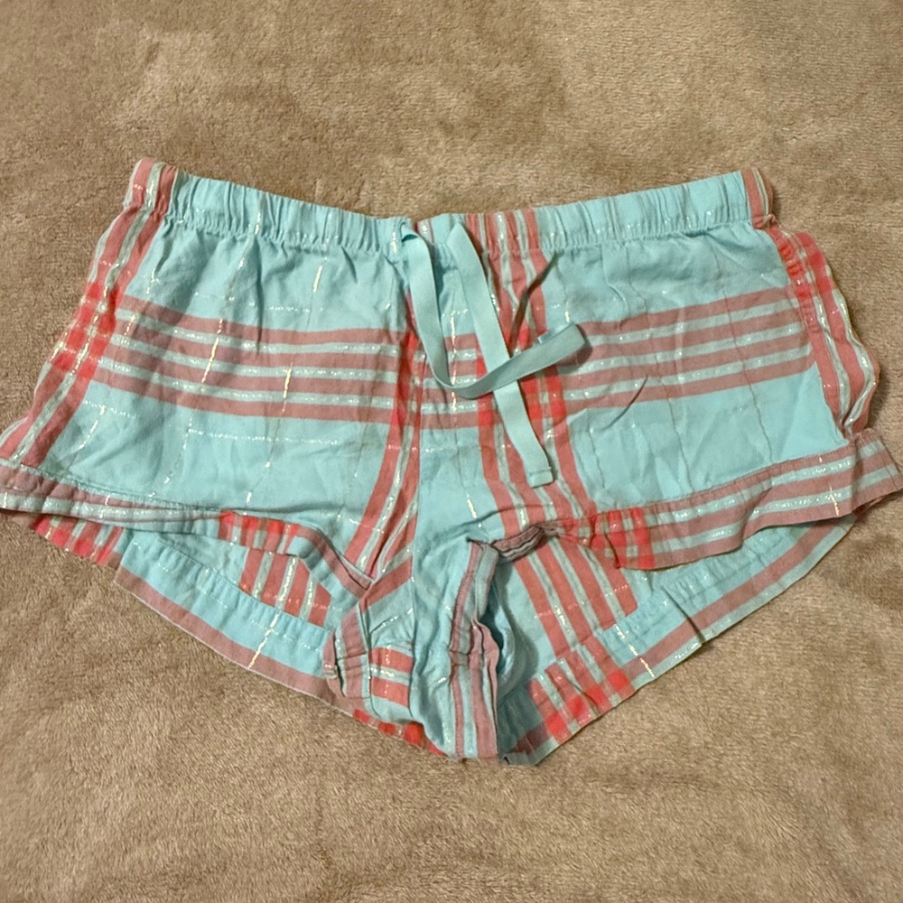 Victoria's Secret Plaid Pajama Shorts Turquoise Pink Gold Lurex Ruffle Large